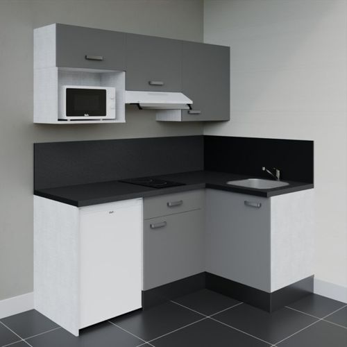 Kitchenette D'angle Ka03l-pt-façade Gris-plan Noir Texturé-evier Inox-crédences Oui+electro Blanc