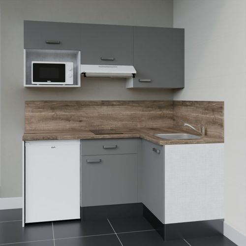 Kitchenette D'angle Ka03l-pt-façade Gris-plan Bois-evier Inox-crédences Oui+electro Blanc