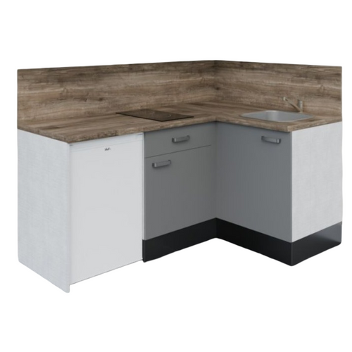 Kitchenette D'angle Ka03l-pt-façade Gris-plan Bois-evier Inox-crédences Oui+electro Blanc