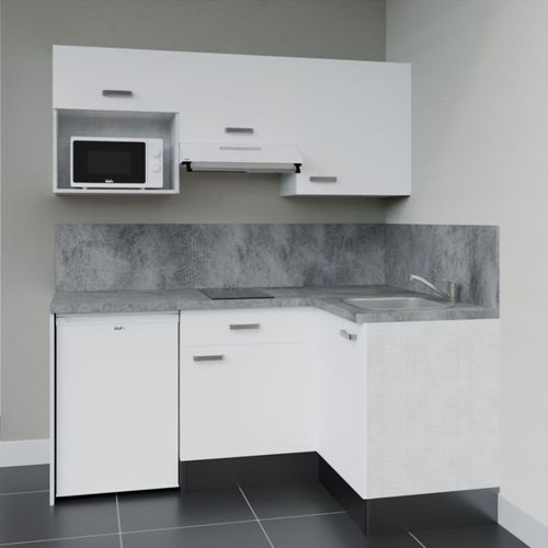 Kitchenette D'angle Ka03l-pt-façade Blanc-plan Gris Béton-evier Inox-crédences Oui+electro Blanc
