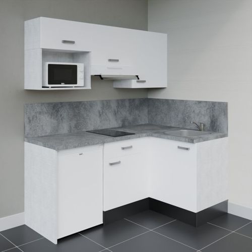 Kitchenette D'angle Ka03l-pt-façade Blanc-plan Gris Béton-evier Inox-crédences Oui+electro Blanc