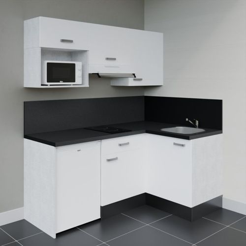Kitchenette D'angle Ka03l-pt-façade Blanc-plan Noir Texturé-evier Inox-crédences Oui+electro Blanc