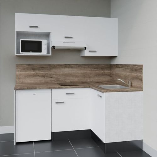 Kitchenette D'angle Ka03l-pt-façade Blanc-plan Bois-evier Inox-crédences Oui+electro Blanc