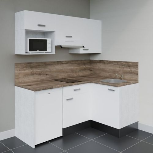 Kitchenette D'angle Ka03l-pt-façade Blanc-plan Bois-evier Inox-crédences Oui+electro Blanc
