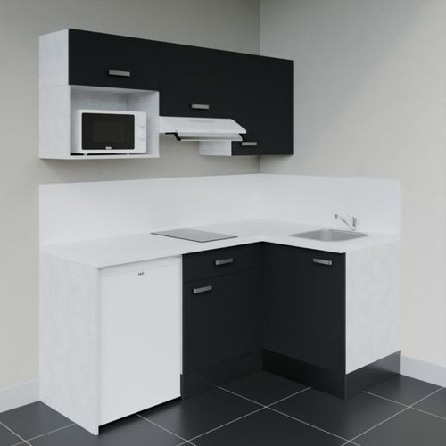 Kitchenette D'angle Ka03l-pt-façade Noir-plan Blanc-evier Inox-crédences Oui+electro Blanc