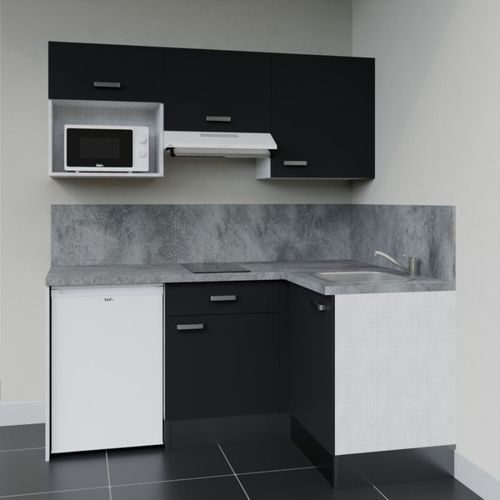 Kitchenette D'angle Ka03l-pt-façade Noir-plan Gris Béton-evier Inox-crédences Oui+electro Blanc