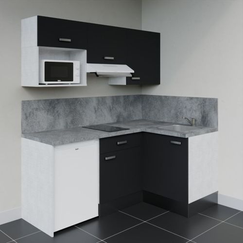 Kitchenette D'angle Ka03l-pt-façade Noir-plan Gris Béton-evier Inox-crédences Oui+electro Blanc
