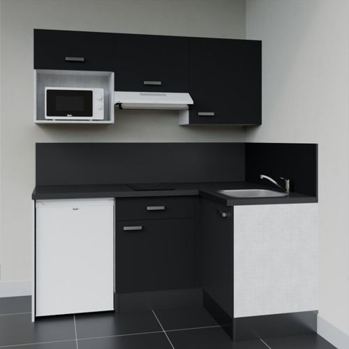 Kitchenette D'angle Ka03l-pt-façade Noir-plan Noir Texturé-evier Inox-crédences Oui+electro Blanc