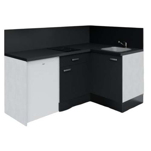 Kitchenette D'angle Ka03l-pt-façade Noir-plan Noir Texturé-evier Inox-crédences Oui+electro Blanc