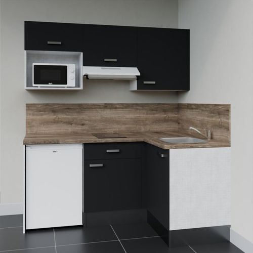 Kitchenette D'angle Ka03l-pt-façade Noir-plan Bois-evier Inox-crédences Oui+electro Blanc