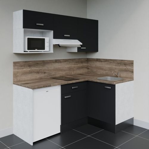 Kitchenette D'angle Ka03l-pt-façade Noir-plan Bois-evier Inox-crédences Oui+electro Blanc