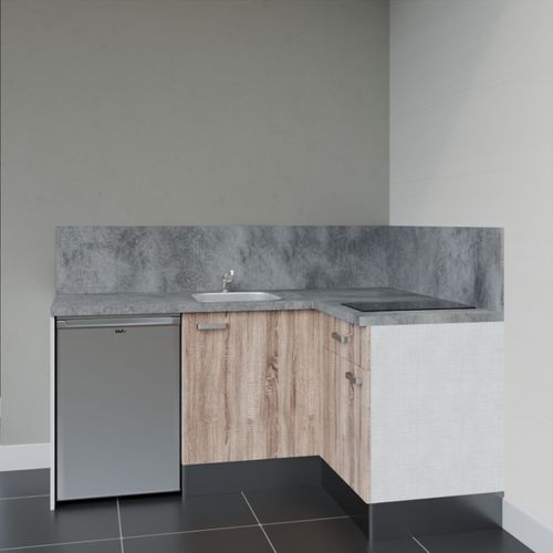 Kitchenette D'angle Ka01l-pt-façade Bois-plan Gris Béton-evier Inox-crédences Oui+electro Inox