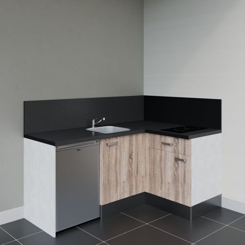 Kitchenette D'angle Ka01l-pt-façade Bois-plan Noir Texturé-evier Inox-crédences Oui+electro Inox