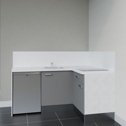 Kitchenette D'angle Ka01l-pt-façade Gris-plan Blanc-evier Inox-crédences Oui+electro Inox