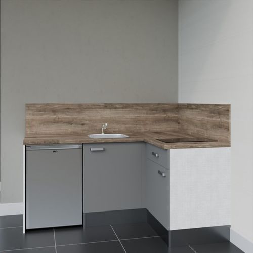 Kitchenette D'angle Ka01l-pt-façade Gris-plan Bois-evier Inox-crédences Oui+electro Inox