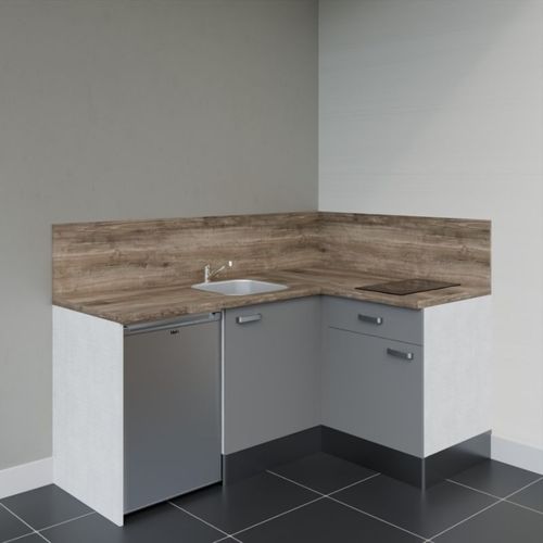 Kitchenette D'angle Ka01l-pt-façade Gris-plan Bois-evier Inox-crédences Oui+electro Inox