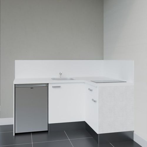 Kitchenette D'angle Ka01l-pt-façade Blanc-plan Blanc-evier Inox-crédences Oui+electro Inox