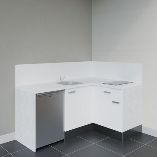 Kitchenette D'angle Ka01l-pt-façade Blanc-plan Blanc-evier Inox-crédences Oui+electro Inox