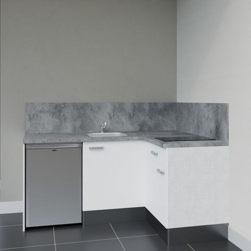 Kitchenette D'angle Ka01l-pt-façade Blanc-plan Gris Béton-evier Inox-crédences Oui+electro Inox
