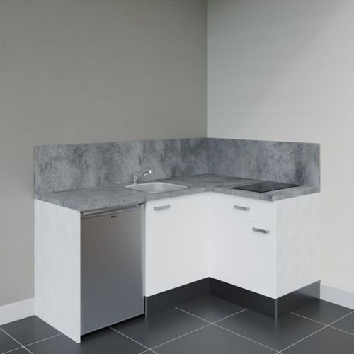Kitchenette D'angle Ka01l-pt-façade Blanc-plan Gris Béton-evier Inox-crédences Oui+electro Inox