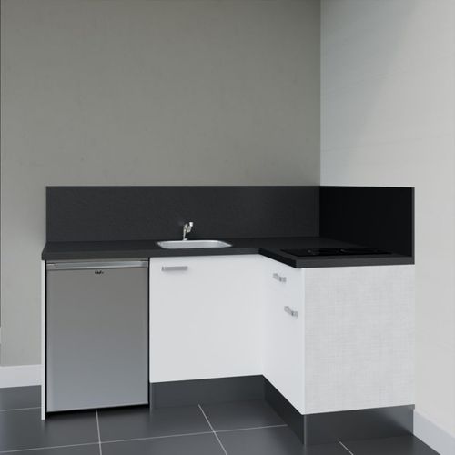 Kitchenette D'angle Ka01l-pt-façade Blanc-plan Noir Texturé-evier Inox-crédences Oui+electro Inox