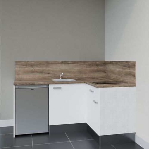 Kitchenette D'angle Ka01l-pt-façade Blanc-plan Bois-evier Inox-crédences Oui+electro Inox
