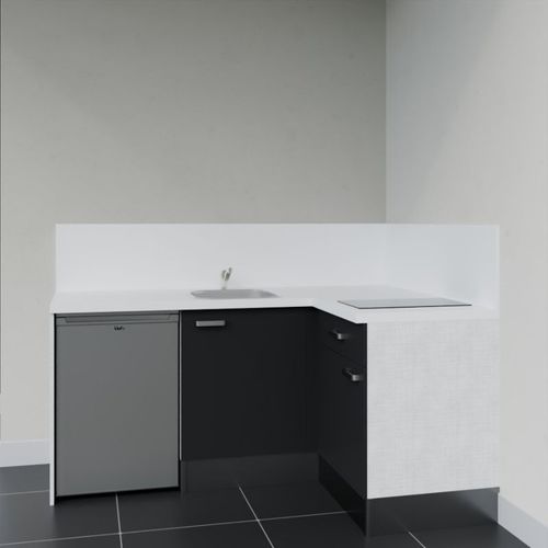 Kitchenette D'angle Ka01l-pt-façade Noir-plan Blanc-evier Inox-crédences Oui+electro Inox