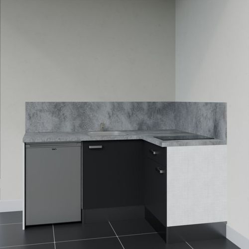 Kitchenette D'angle Ka01l-pt-façade Noir-plan Gris Béton-evier Inox-crédences Oui+electro Inox