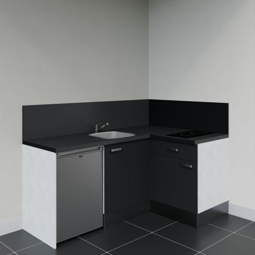 Kitchenette D'angle Ka01l-pt-façade Noir-plan Noir Texturé-evier Inox-crédences Oui+electro Inox