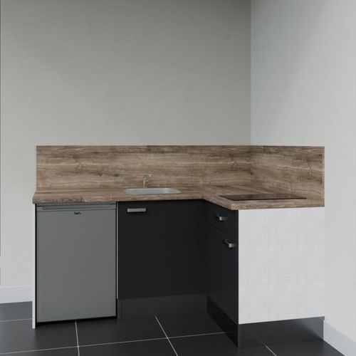 Kitchenette D'angle Ka01l-pt-façade Noir-plan Bois-evier Inox-crédences Oui+electro Inox