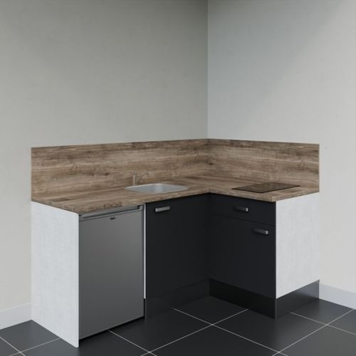 Kitchenette D'angle Ka01l-pt-façade Noir-plan Bois-evier Inox-crédences Oui+electro Inox