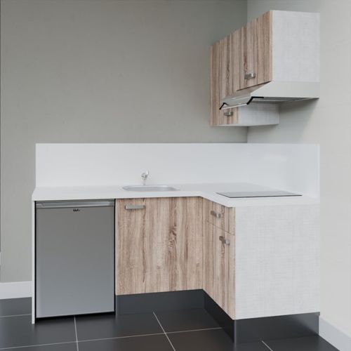 Kitchenette D'angle Ka02l-pt-façade Bois-plan Blanc-evier Inox-crédences Oui+electro Inox