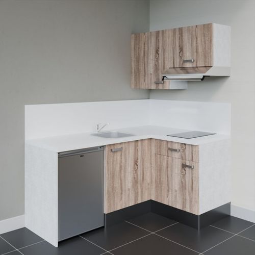 Kitchenette D'angle Ka02l-pt-façade Bois-plan Blanc-evier Inox-crédences Oui+electro Inox