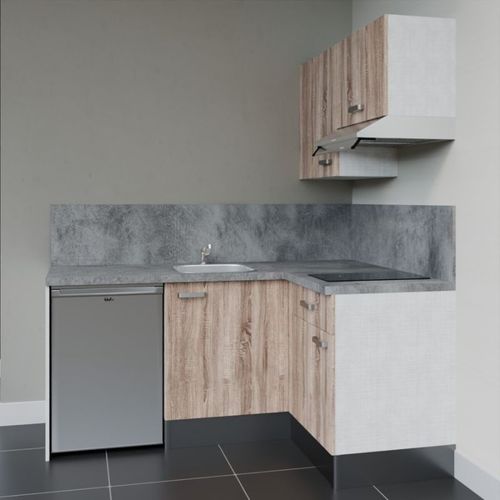 Kitchenette D'angle Ka02l-pt-façade Bois-plan Gris Béton-evier Inox-crédences Oui+electro Inox