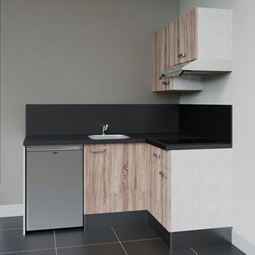 Kitchenette D'angle Ka02l-pt-façade Bois-plan Noir Texturé-evier Inox-crédences Oui+electro Inox