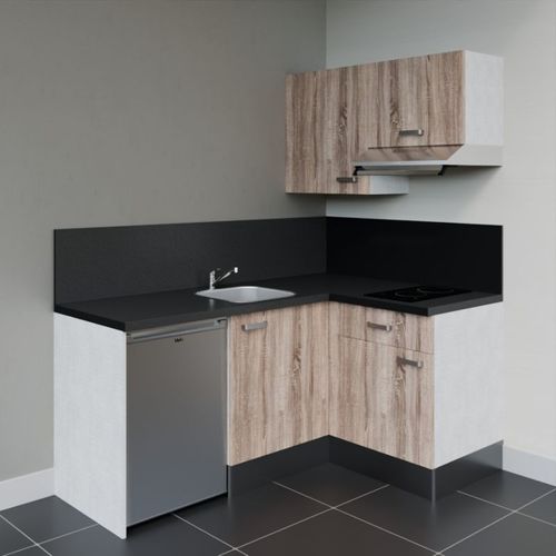 Kitchenette D'angle Ka02l-pt-façade Bois-plan Noir Texturé-evier Inox-crédences Oui+electro Inox