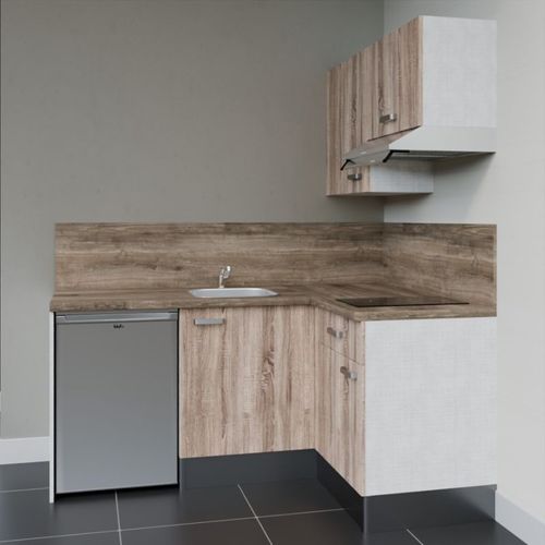 Kitchenette D'angle Ka02l-pt-façade Bois-plan Bois-evier Inox-crédences Oui+electro Inox