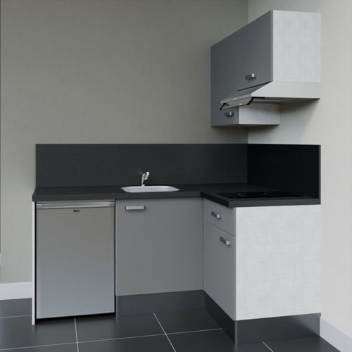 Kitchenette D'angle Ka02l-pt-façade Gris-plan Noir Texturé-evier Inox-crédences Oui+electro Inox