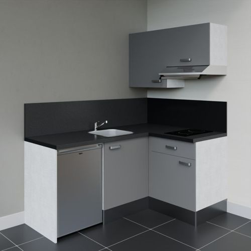 Kitchenette D'angle Ka02l-pt-façade Gris-plan Noir Texturé-evier Inox-crédences Oui+electro Inox
