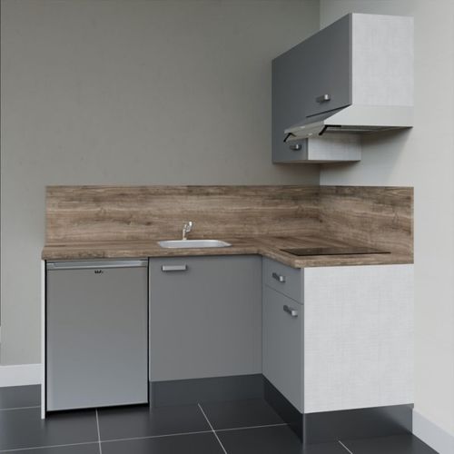 Kitchenette D'angle Ka02l-pt-façade Gris-plan Bois-evier Inox-crédences Oui+electro Inox