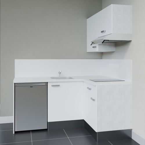 Kitchenette D'angle Ka02l-pt-façade Blanc-plan Blanc-evier Inox-crédences Oui+electro Inox