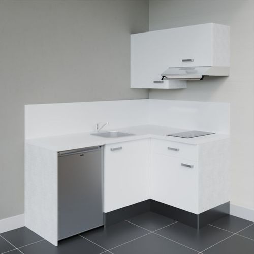 Kitchenette D'angle Ka02l-pt-façade Blanc-plan Blanc-evier Inox-crédences Oui+electro Inox