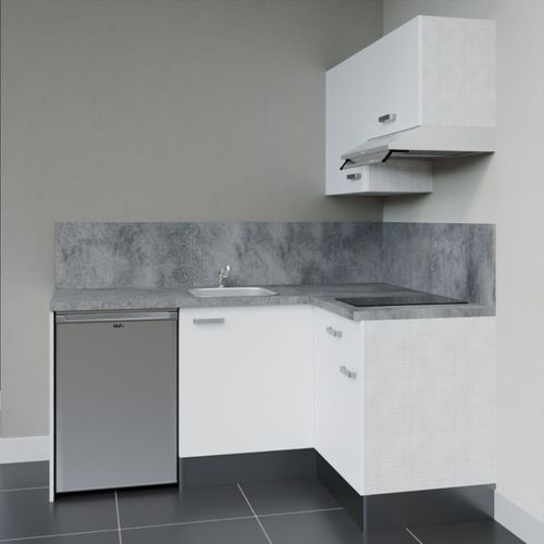 Kitchenette D'angle Ka02l-pt-façade Blanc-plan Gris Béton-evier Inox-crédences Oui+electro Inox