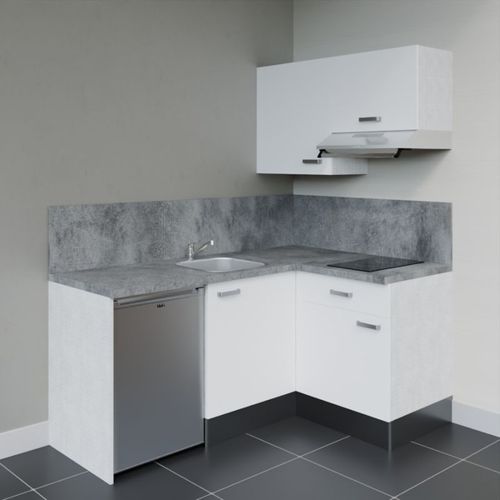 Kitchenette D'angle Ka02l-pt-façade Blanc-plan Gris Béton-evier Inox-crédences Oui+electro Inox