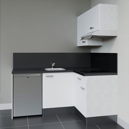 Kitchenette D'angle Ka02l-pt-façade Blanc-plan Noir Texturé-evier Inox-crédences Oui+electro Inox