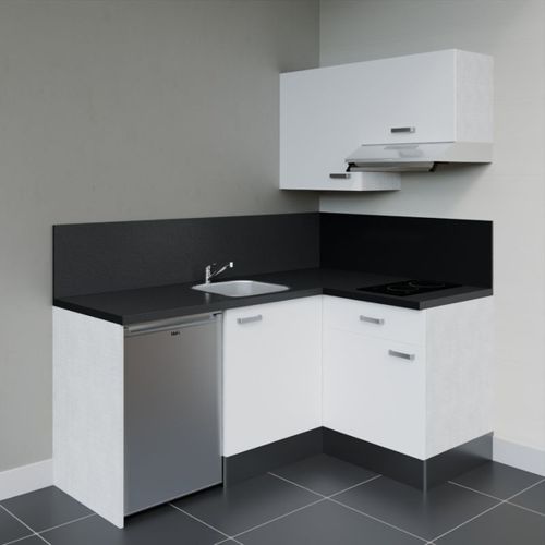 Kitchenette D'angle Ka02l-pt-façade Blanc-plan Noir Texturé-evier Inox-crédences Oui+electro Inox