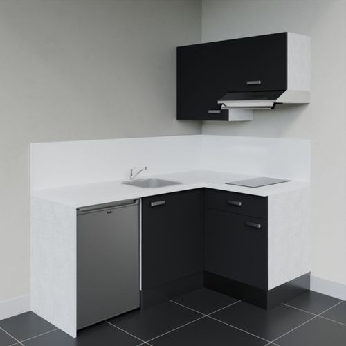 Kitchenette D'angle Ka02l-pt-façade Noir-plan Blanc-evier Inox-crédences Oui+electro Inox