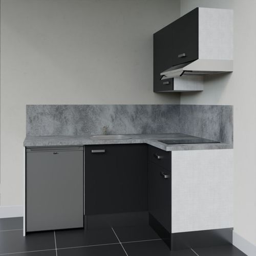 Kitchenette D'angle Ka02l-pt-façade Noir-plan Gris Béton-evier Inox-crédences Oui+electro Inox