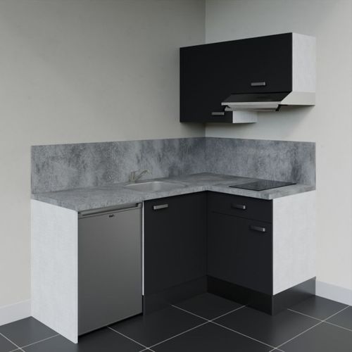 Kitchenette D'angle Ka02l-pt-façade Noir-plan Gris Béton-evier Inox-crédences Oui+electro Inox