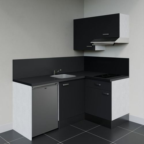 Kitchenette D'angle Ka02l-pt-façade Noir-plan Noir Texturé-evier Inox-crédences Oui+electro Inox